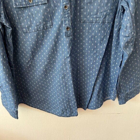 Christopher & Banks Popover Denim Blouse Womens XL Collared Anchors Nautical - Picture 4 of 5